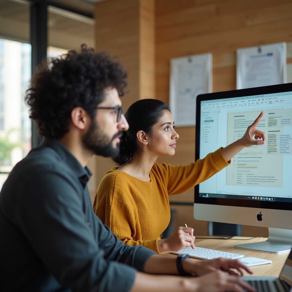Content and design team members reviewing feedback on a page layout together