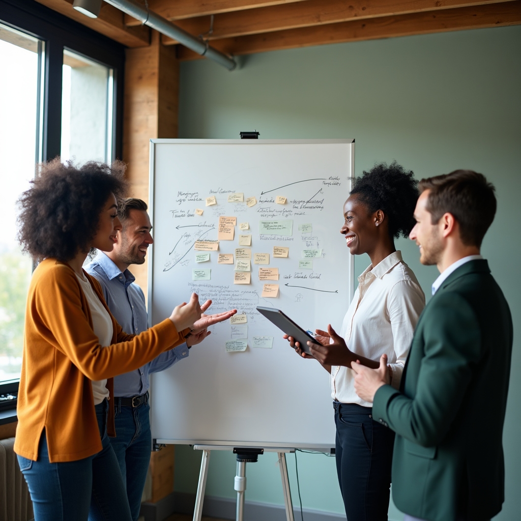 A small team gathered around a whiteboard mapping a content review process